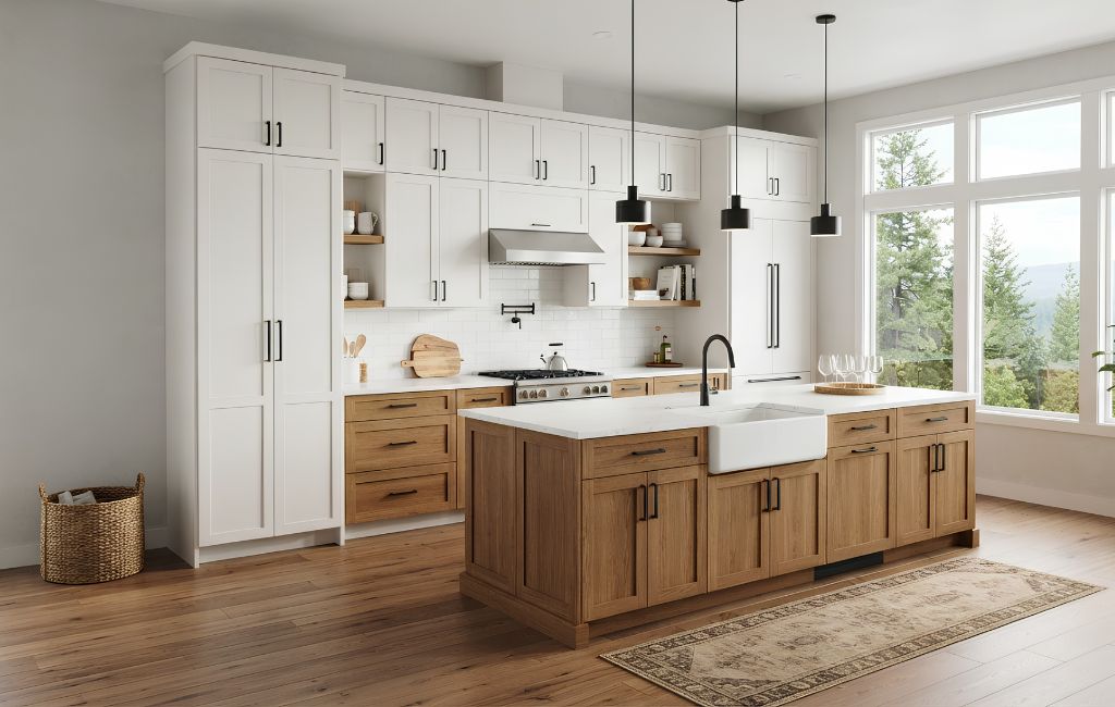 A modern kitchen featuring Custom Cabinets Yakima WA, with elegant white upper cabinets and warm natural wood lower cabinets, a spacious island with a farmhouse sink, and a panoramic window overlooking a lush forest. The custom cabinetry seamlessly combines style and function with soft-close drawers, built-in organizers, and premium craftsmanship. Bright natural lighting, luxurious quartz countertops, matte black hardware, clean contemporary design, ultra-realistic interior photography, warm and inviting atmosphere, high-end residential kitchen, magazine-quality, 8K resolution, no people, no logos, no watermark.